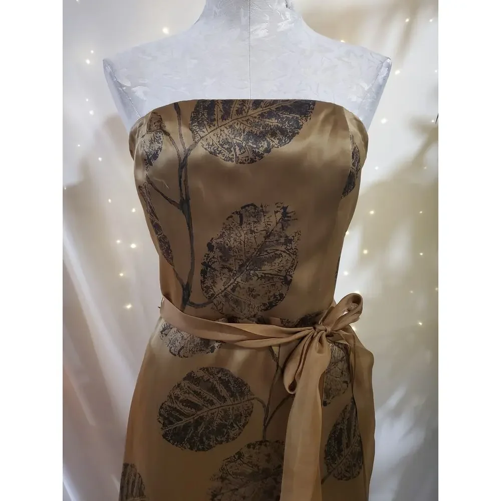 Talbots Vtg 100% Silk Leaf Tie Waist Strapless Dress Womens Size 10 Gold Beige